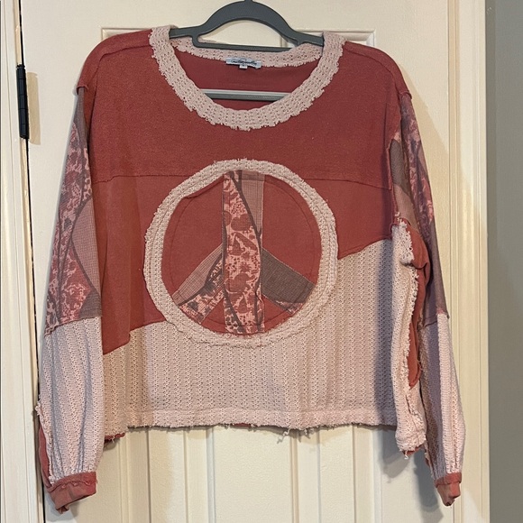 Magnolia Women's Patchwork Peace Sign Top - Pink and Tan - Sz S NEW - Picture 1 of 5